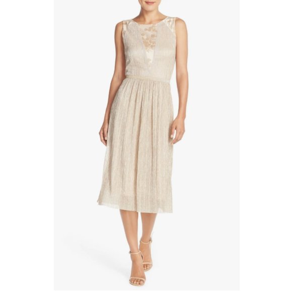 NEW Tahari Pleated Metallic Gold Jacquard Illusion Midi Dress Women's Size 16 - Picture 1 of 13